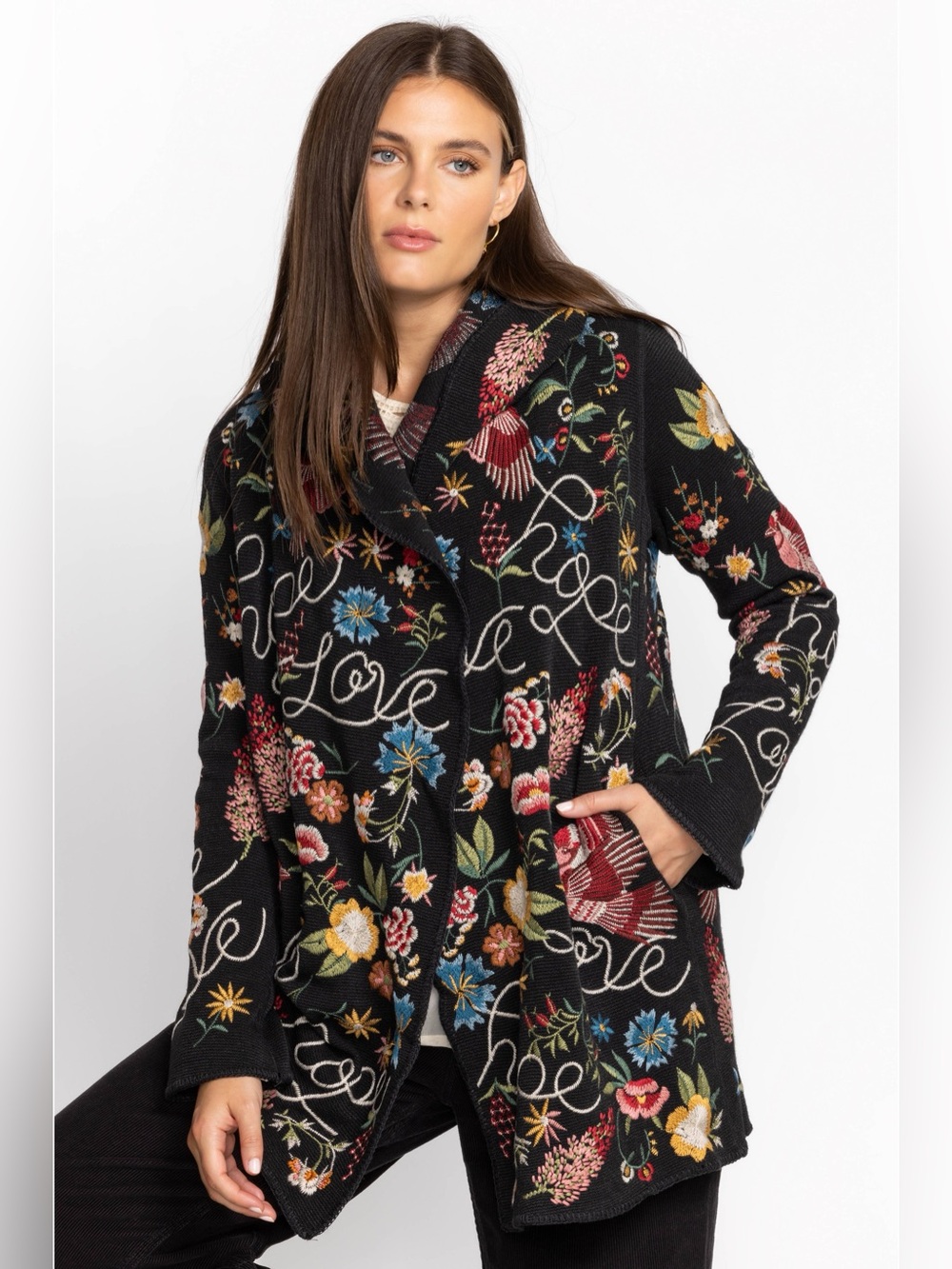 Johnny Was Rana Hooded Black Embroidered Cardigan XL